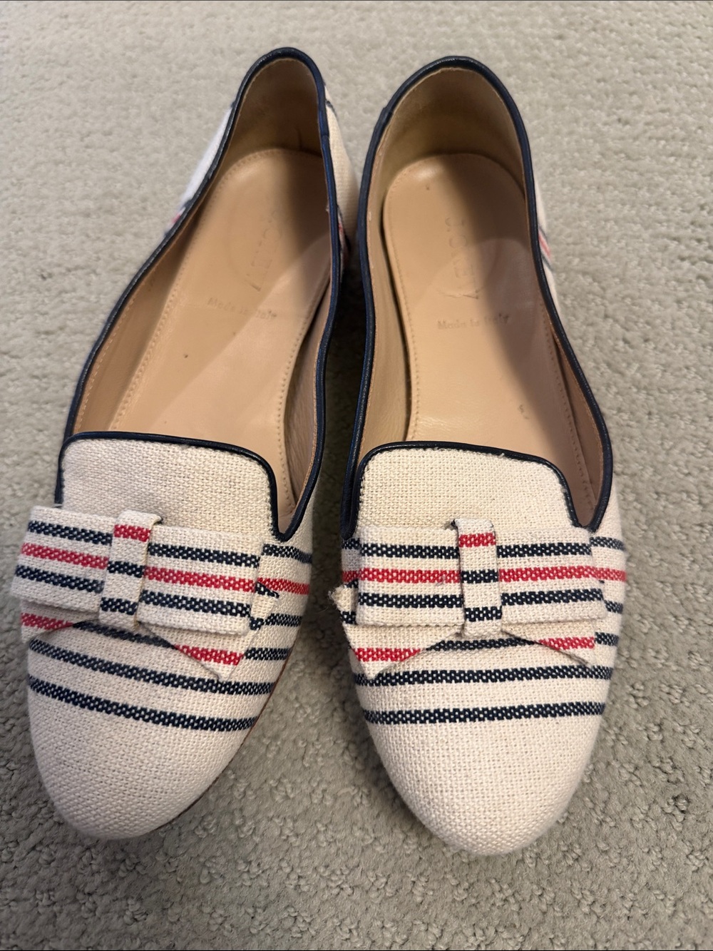 J. Crew Striped Canvas Bow Loafers in White, Navy & Red